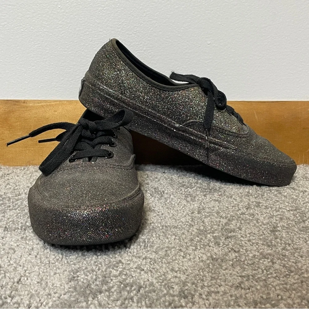 Vans Authentic Black Low Top All Over Rainbow Glitter Skate Sneakers‎ 5/6.5